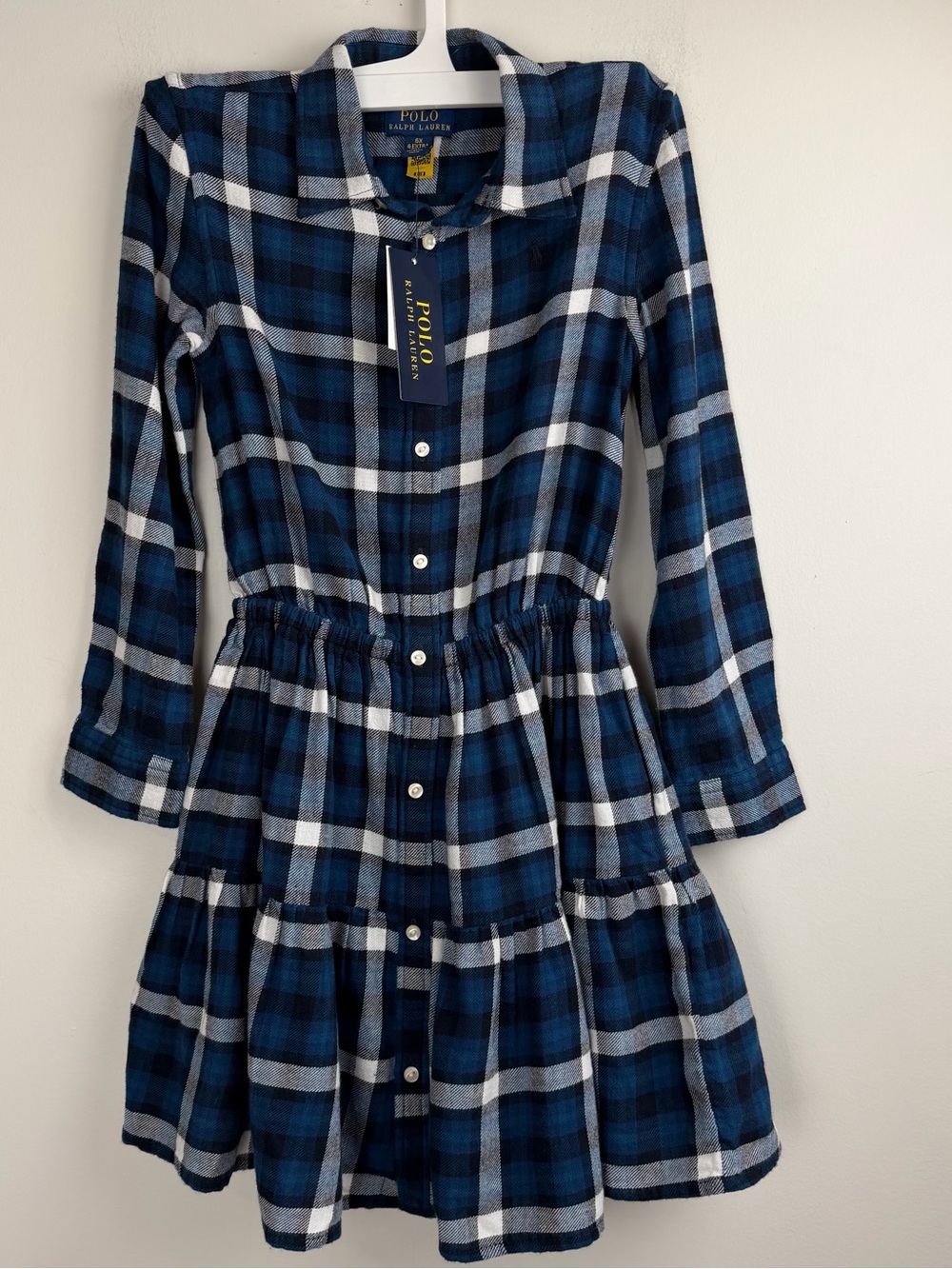 Polo Ralph Lauren Girls Size 6 Blue Plaid Flannel Tiered Shirt Dress Kids NWT